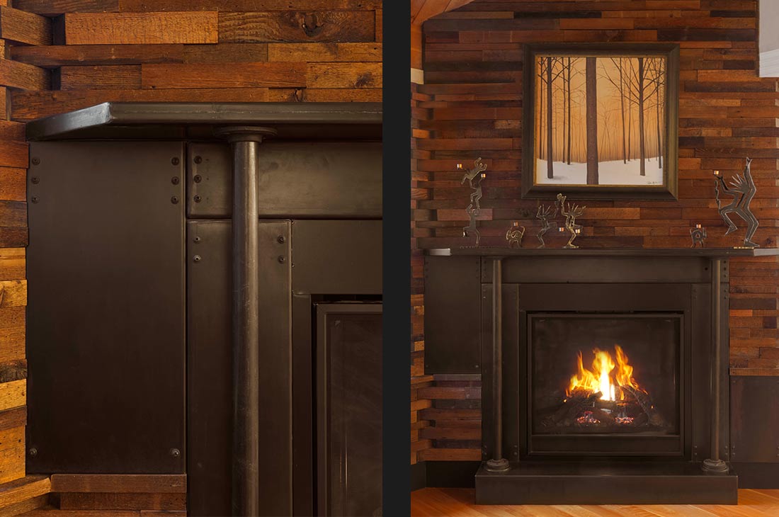 details on the dark fireplace and wooden wall