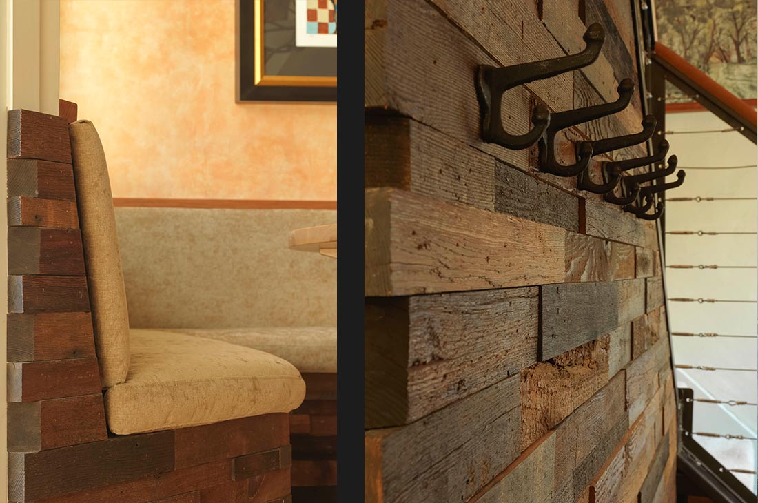 wooden details in a bench and accent wall in entryway